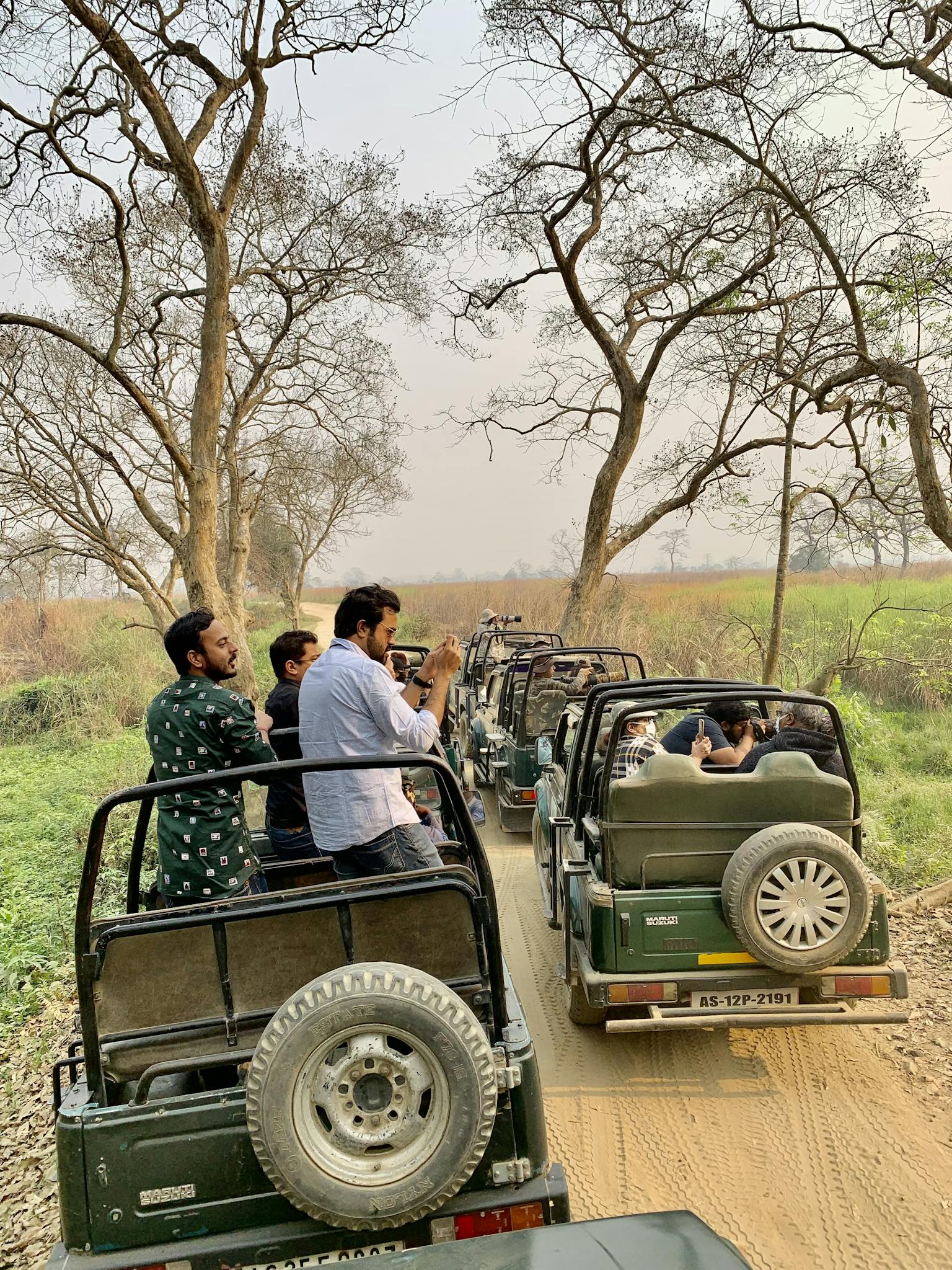 Tourists enjoy a thrilling jeep safari through the scenic landscapes of Kanchanjuri, India.